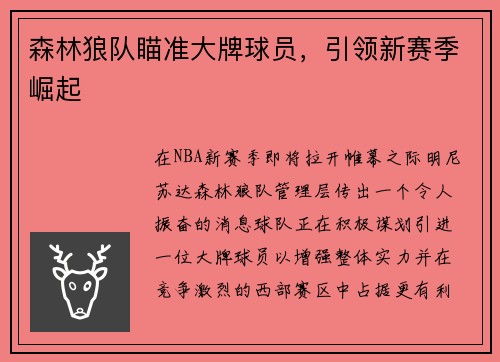 森林狼队瞄准大牌球员，引领新赛季崛起